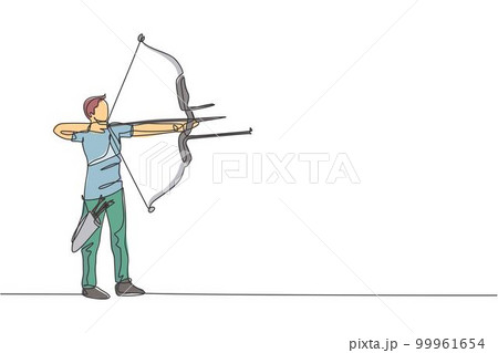 One continuous line drawing of young archer man pulling bow to shooting an archery target. Archery sport training and exercising concept. Dynamic single line draw design graphic vector illustration 99961654