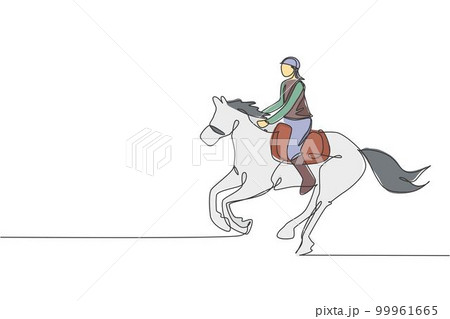 Single continuous line drawing of young professional horseback rider running with a horse around the stables. Equestrian sport training process concept. Trendy one line draw design vector illustration Single continuous line drawing of young professional horseback rider running with a horse around the stables. Equestrian sport training process concept. Trendy one line draw design vector illustration 99961665