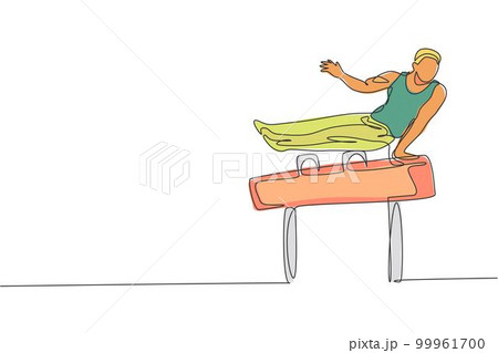 Single continuous line drawing young handsome professional gymnast man perform acrobatic motion. Pommel horse training and stretching concept. Trendy one line draw design vector illustration graphic 99961700