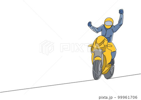 One single line drawing of young moto biker celebrate winning with raising his hands vector illustration. Superbike racing concept. Modern continuous line draw design for motor racer event banner One single line drawing of young moto biker celebrate winning with raising his hands vector illustration. Superbike racing concept. Modern continuous line draw design for motor racer event banner 99961706