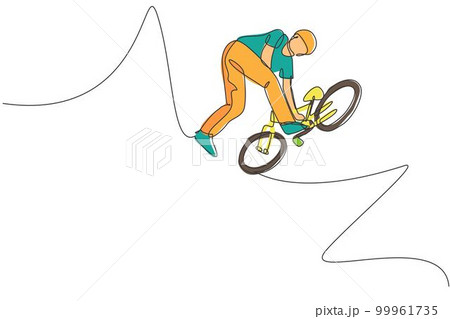 One single line drawing of young bmx bicycle rider do flying on the air trick at street vector illustration. Extreme sport concept. Modern continuous line draw design for freestyle competition banner 99961735
