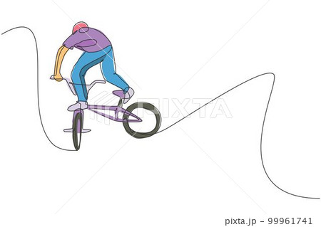 Single continuous line drawing of young BMX cycle rider show flying into the air trick in skatepark. BMX freestyle concept. One line draw design vector illustration for freestyle promotion art media 99961741