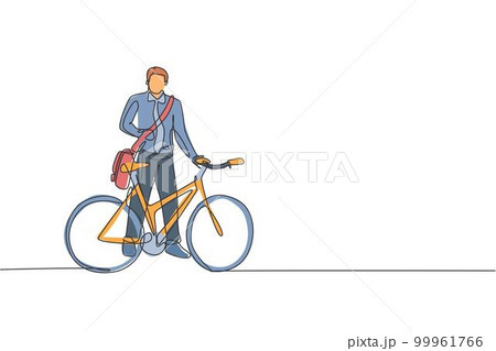 Single continuous line drawing young professional businessman riding bicycle to his company. Bike to work, eco friendly transportation concept. Trendy one line draw design vector graphic illustration Single continuous line drawing young professional businessman riding bicycle to his company. Bike to work, eco friendly transportation concept. Trendy one line draw design vector graphic illustration 99961766