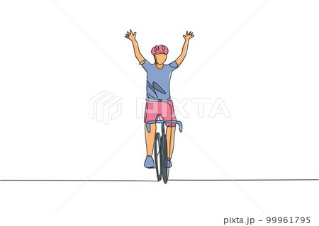 Single continuous line drawing man bicycle racer improve his speed at  training session getting out of smartphone screen. Mobile sport play  matches. Online bicycle game app. One line draw design vector 10336912