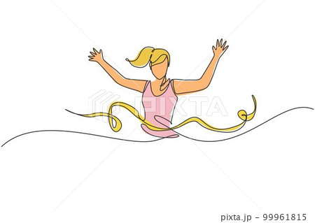 One single line drawing of young happy runner woman pass finish line and hit ribbon vector graphic illustration. Healthy lifestyle and competitive sport concept. Modern continuous line draw design 99961815