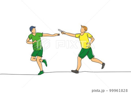 One single line drawing young happy runner man pass baton stick to his teammate at race vector graphic illustration. Healthy lifestyle and competitive sport concept. Modern continuous line draw design 99961828