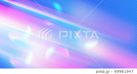 Rainbow light prism effect, transparent blue background. Hologram reflection, crystal flare leak shadow overlay. Vector illustration of abstract blurred iridescent light backdrop. 99961947