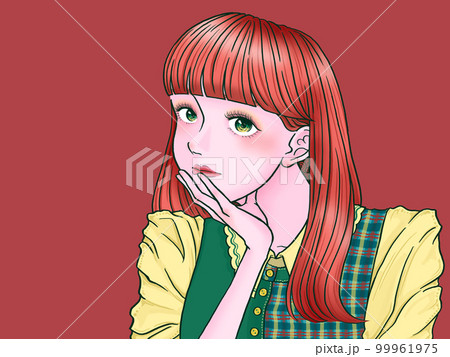 頬杖をつく女の子　赤背景　右寄せ 99961975