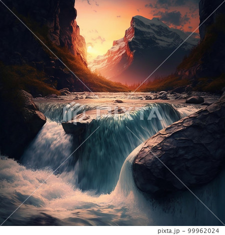 Beautiful natural landscape, mountain river, waterfall, rocks, mountains, sunset lighting	 99962024