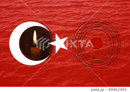 Turkey Earthquake, February 6, 2023. Mournful banner. The Epicenter of the earthquake in Turkey. Pray for Turkey. A bright burning candle on the background of the Turkish flag. Border. Target. 99962493