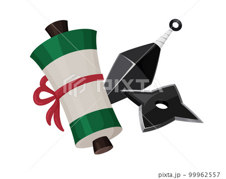 忍者の道具のイラスト_巻物と手裏剣とクナイ 99962557