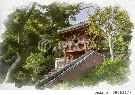 水彩画風　當麻寺　奥院　楼門　奈良県葛城市 99963177