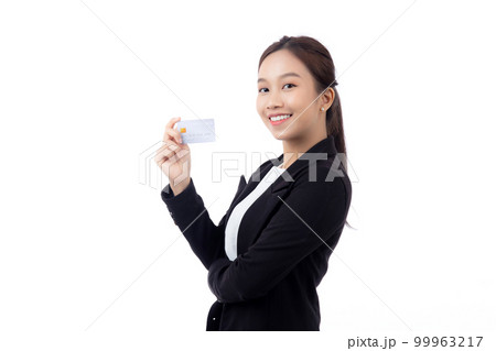 Portrait beautiful young asian business woman hold credit card or debit card for shopping payment. Portrait beautiful young asian business woman hold credit card or debit card for shopping payment. 99963217