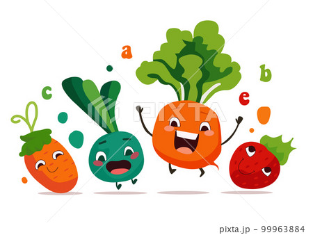 Set of funny cartoon vegetable cute characters with smiling faces isolated on white background. Laughing vegetable msacots vector collection. Vegetable emoticon with vitamins. Organic food concept. 99963884