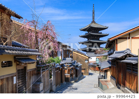 京都法観寺_桜咲く安寧坂と八坂の塔の絶景 99964425