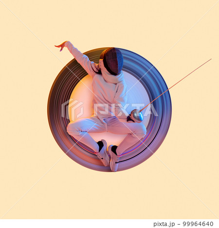 Modern design. Contemporary art collage with abstract design element. Young girl fencing in neon light. Training in jump. Modern design. Contemporary art collage with abstract design element. Young girl fencing in neon light. Training in jump. 99964640