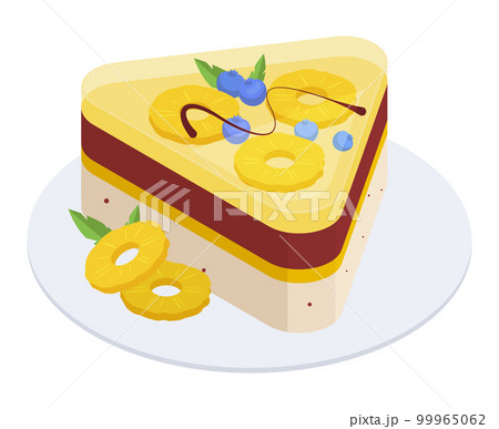 Isometric pineapple cake. Sweet pastry cheesecake dessert with pineapple and berries, delicious ananas jello cake 3d vector illustration 99965062