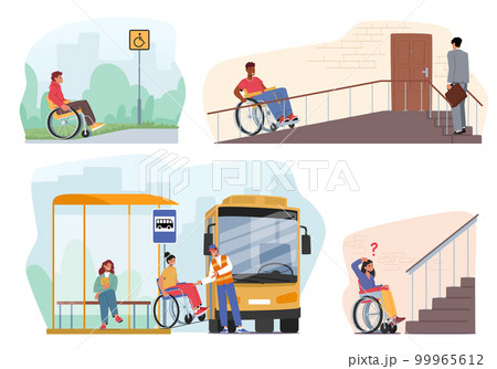 Set Of Disabled People On Wheelchairs Using Ramps To Access Buildings, Streets, Transport Or Other Places Set Of Disabled People On Wheelchairs Using Ramps To Access Buildings, Streets, Transport Or Other Places 99965612
