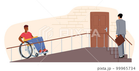 Male Character on Wheelchair Using A Ramp To Access Building Porch . Accessibility And Inclusivity Concept 99965734