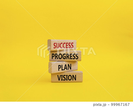 Success Progress Plan Vision symbol. Concept words Success Progress Plan Vision on wooden blocks. Beautiful yellow background. Business concept. Copy space. 99967167