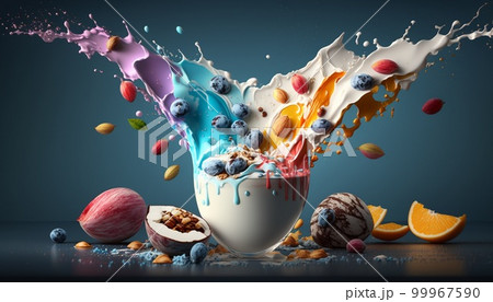 yogurt with fruits and nuts, splashes of water, light blue yogurt with fruits and nuts, splashes of water, light blue 99967590