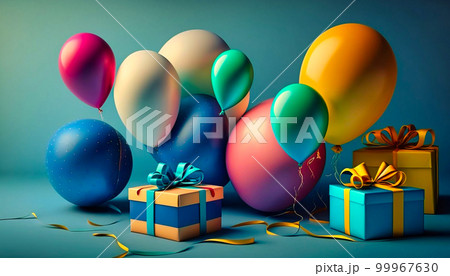 gifts and colored balls on a blue background. generative AI gifts and colored balls on a blue background. generative AI 99967630