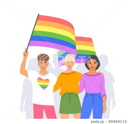 LGBT pride month. Gay parade. Group of lesbian, gay, bisexual and transgender young people holding waving rainbow flag. Homosexual love demonstration. Movement against discrimination by sexuality 99969210