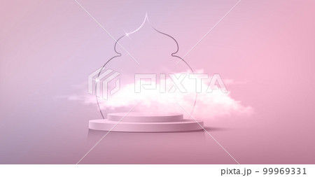 Luxury Islamic Podium with gold traditional islamic window with fluffy cloud. 3D Horizontal Arabic Banner for product showcase, Product presentation, cosmetic, base, ramadan sales, pink background Luxury Islamic Podium with gold traditional islamic window with fluffy cloud. 3D Horizontal Arabic Banner for product showcase, Product presentation, cosmetic, base, ramadan sales, pink background 99969331