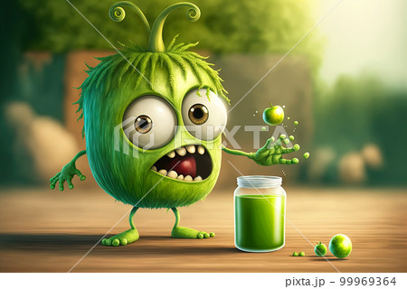 Funny monster juice. Cute glass of juice character with splashing fresh beverage. Generated AI Funny monster juice. Cute glass of juice character with splashing fresh beverage. Generated AI 99969364