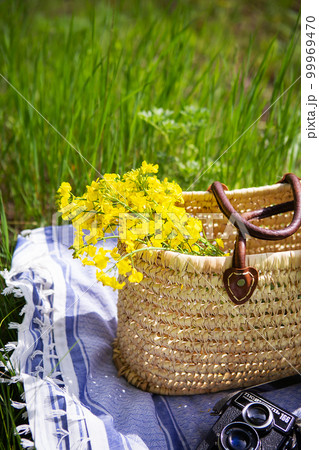 A straw picnic basket stands on a blue blanket on green grass along with a bouquet of yellow flowers. In the background is an old camera with the name Lover 166 written on it. A straw picnic basket stands on a blue blanket on green grass along with a bouquet of yellow flowers. In the background is an old camera with the name Lover 166 written on it. 99969470