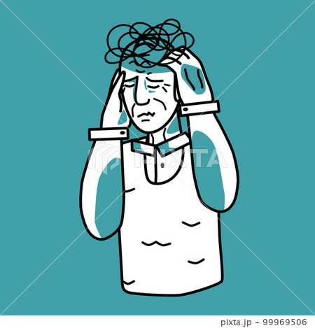 Stressed grandfather, emotion of anxiety, mint and white. 99969506