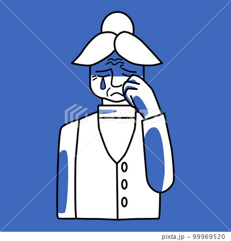 Sad old woman, emotion of sorrow, blue and white. 99969520