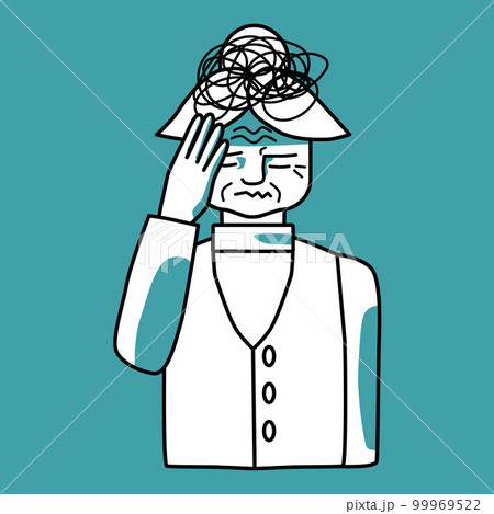 Stressed elderly woman character, mint and white. Stressed elderly woman character, mint and white. 99969522