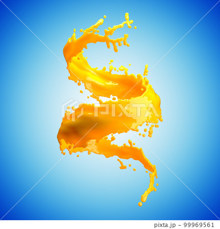 orange juice splash isolated on blue background 99969561