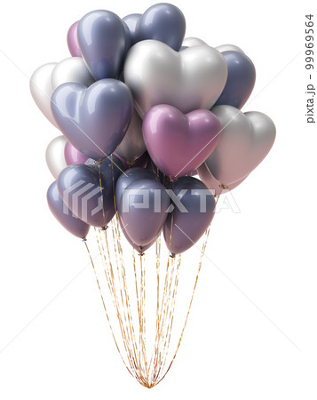 Bunch of heart shaped foil balloons on white background.  99969564