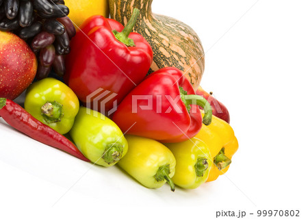 Vegetables and fruits isolated on white . Free space for text. 99970802