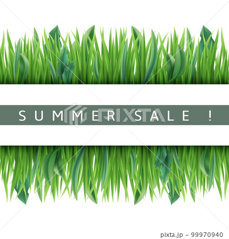 Realistic green grass frame. Fresh lawn and leaves borders, 3d isolated plants strips, botanical decorative summer sale banner template, garden botany. Meadow flora. Utter vector concept Realistic green grass frame. Fresh lawn and leaves borders, 3d isolated plants strips, botanical decorative summer sale banner template, garden botany. Meadow flora. Utter vector concept 99970940