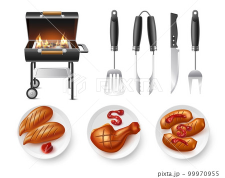 Realistic barbecue grill elements. Outdoor cooking device, smoldering coals, special metal tools, meat cooked on fire, chicken and sausages with ketchup, knife and utensils utter vector set 99970955