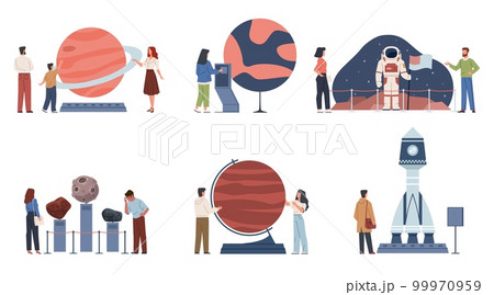 Planetarium people. Curious visitors to astronomy museum, space objects, rocket model, spacesuit and mock-ups of planets, men women and kids education, nowaday vector cartoon flat set 99970959