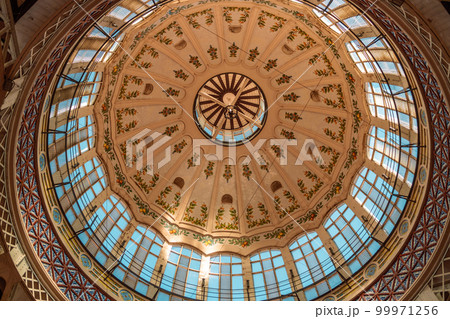 VALENCIA, SPAIN - October 26, 20122: Wide angle shot of the Valencia Mercado Central market dome indoor detail Spain 99971256