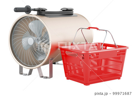 Blower heater with shopping basket, 3D rendering Blower heater with shopping basket, 3D rendering 99971687