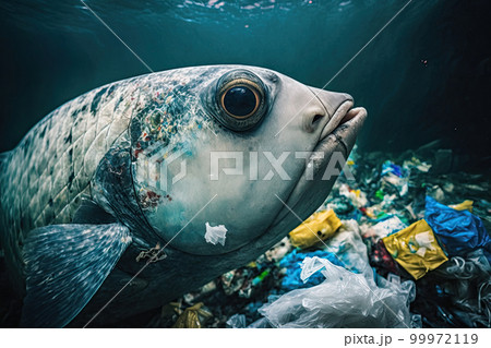Ocean pollution concept. Fish under water in sea and plastic waste. Problem in environmental system. Created with Generative AI 99972119