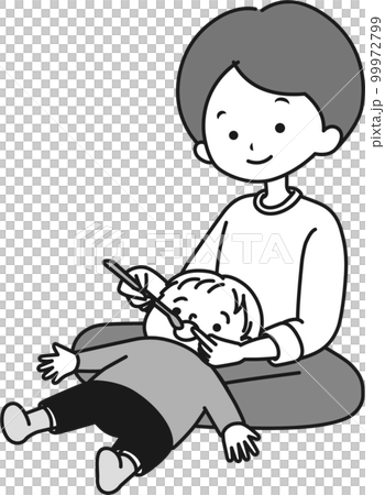 仕上げ磨き 姿勢 父子 歯磨き_モノクロ 仕上げ磨き 姿勢 父子 歯磨き_モノクロ 99972799