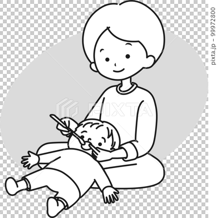 仕上げ磨き 姿勢 父子 歯磨き_モノクロ(灰背景) 仕上げ磨き 姿勢 父子 歯磨き_モノクロ(灰背景) 99972800