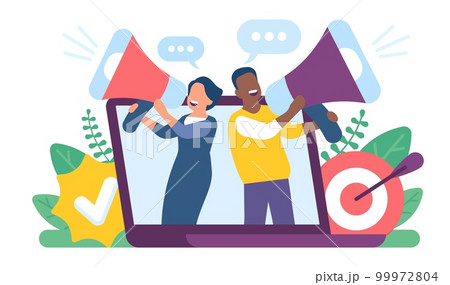 Woman and man advertise product with megaphone. Laptop screen. Promotion technology. Target of internet marketing. SMM strategy. People speak ad massage by loudspeaker. Vector concept 99972804
