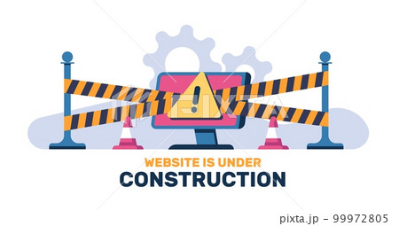 Website is under construction. Computer operating system repair. Web page malfunction. Alert sign. Broken software. Striped barriers. Internet service reconstruction. Vector concept 99972805