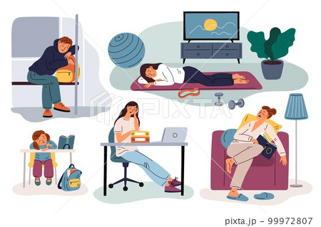 Tired people. Overworked employees. Parents and children. Narcolepsy or sleepiness. Suddenly asleep characters. Fatigue and drowsiness. Persons sleeping at table. Garish vector set Tired people. Overworked employees. Parents and children. Narcolepsy or sleepiness. Suddenly asleep characters. Fatigue and drowsiness. Persons sleeping at table. Garish vector set 99972807
