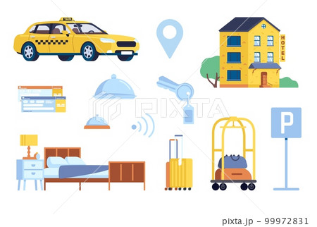 Hotel service. Motel check in and accommodation. Taxi car parking. Room cleaning. Breakfast food serving. Wifi internet. Location icon. Booking tickets. Baggage trolley. Vector elements set 99972831