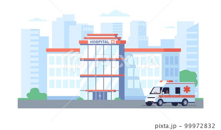 Hospital building. Ambulance van. City background. Urgent help. Clinic architecture facade. Medicine and health care service. Automobile minivan. Modern medical aid. Vector concept 99972832
