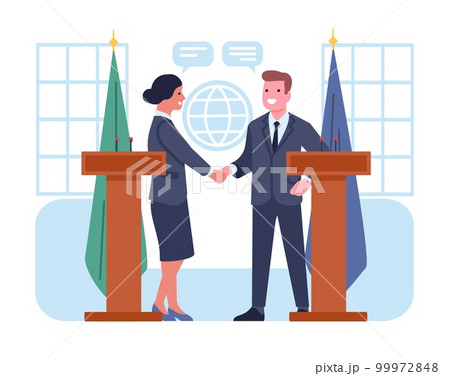 Diplomats meet for international negotiations and agreement signing. Man and woman at tribunes shaking hands. Political deal. World diplomacy. Countries representatives. Vector concept Diplomats meet for international negotiations and agreement signing. Man and woman at tribunes shaking hands. Political deal. World diplomacy. Countries representatives. Vector concept 99972848